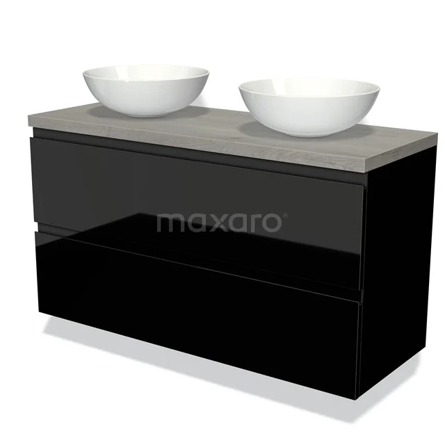 Zwarte badkamermeubelset met dubbele witte waskom en grijze betonnen blad, modern en stijlvol voor een luxe badkamer inrichting.