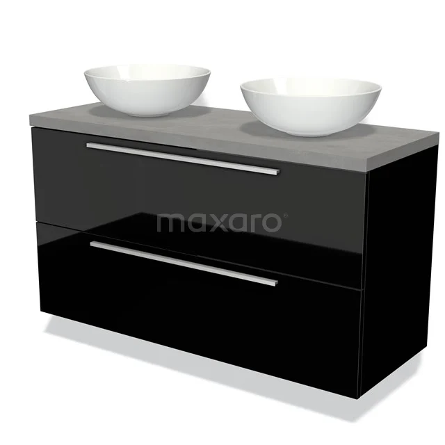 Zwart glanzend badkamermeubel met twee witte waskommen, brede lades en moderne zilverkleurige handgrepen.