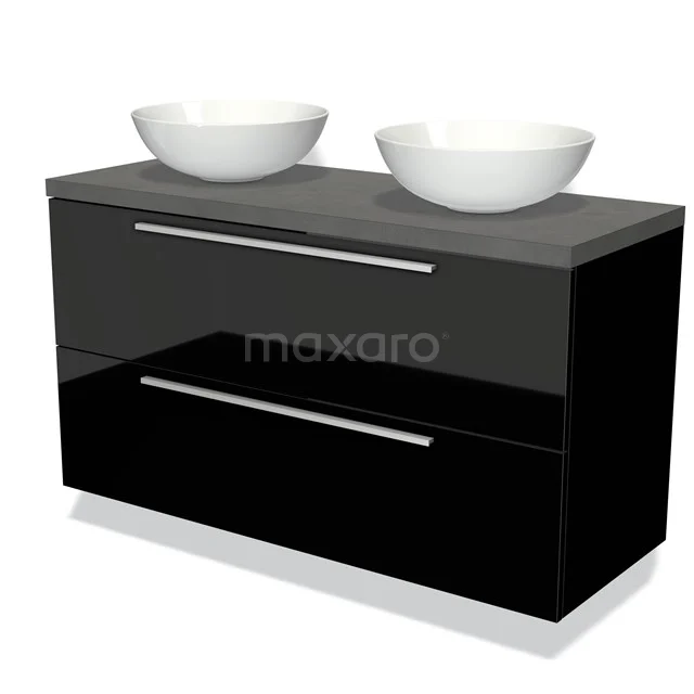 Zwart badkamermeubel met twee witte waskommen, hoogglans afwerking, modern design en handige opberglades.