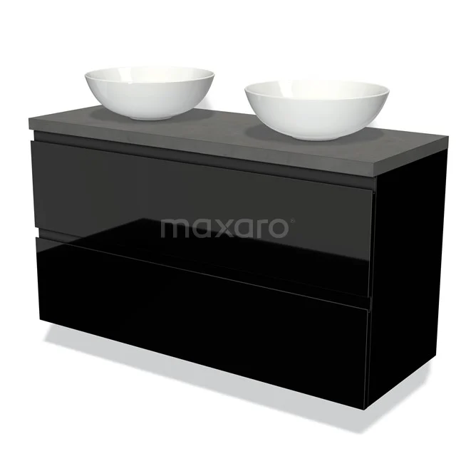 Zwarte wastafelmeubel met dubbele ronde wastafels, hoogglans afwerking en grijze bovenplaat, ideaal voor moderne badkamers.