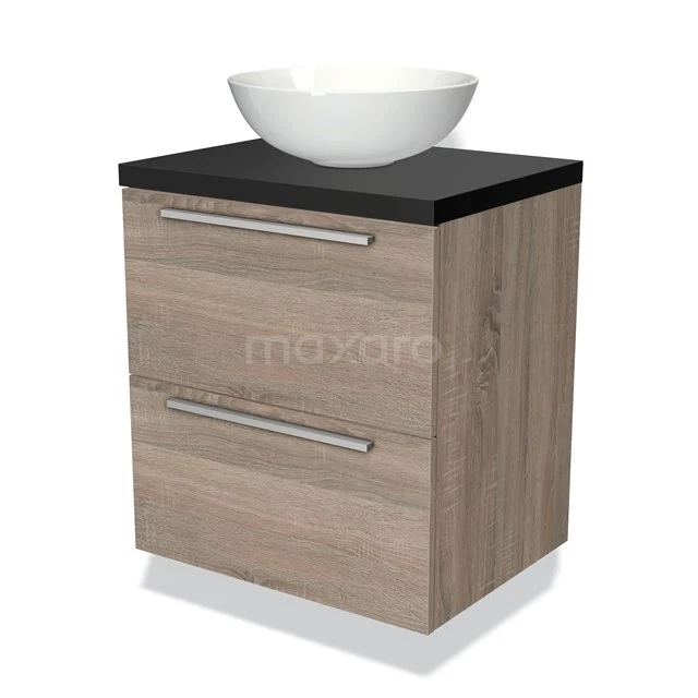 Badmöbel für Aufsatzwaschbecken 60cm Modulo Plato Eiche 2 Schubladen Flach Matt Schwarz Platte BMK17-01077 Hölzernes Badezimmermöbel mit zwei Schubladen, schwarzer Oberplatte und weißem keramischen Aufsatzwaschbecken, modernes Design für das Badezimmer.