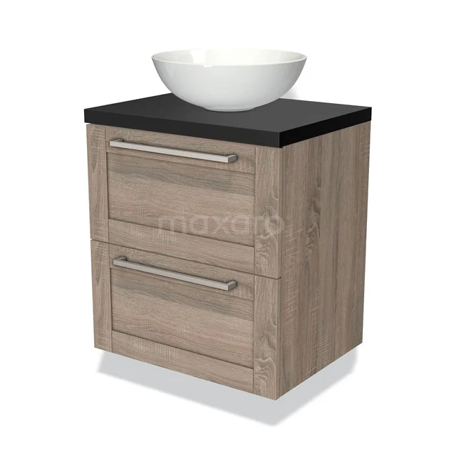 Houten badkamermeubel met zwart blad, witte wastafelkom en twee lades, ideaal voor moderne badkamerinrichting.