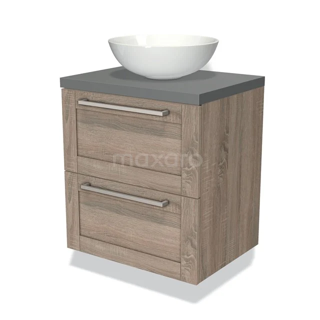 Compacte badkamerkast met houtnerfafwerking, grijs blad, twee lades, en witte waskom, ideaal voor moderne badkamers.