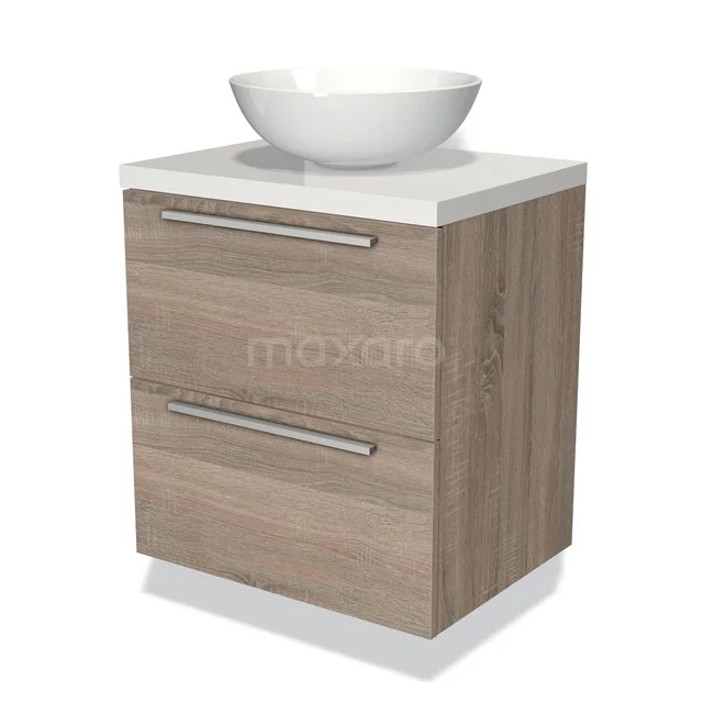 Compact badkamermeubel in licht eikenhout met twee lades en een ronde witte wastafel; modern en ruimte-efficiënt ontwerp.