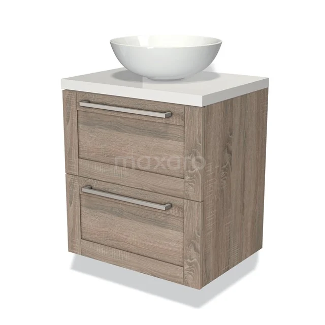 Houten badkamermeubel met twee lades, witte wastafel en modern ontwerp; ideaal voor een stijlvolle badkamerinrichting.