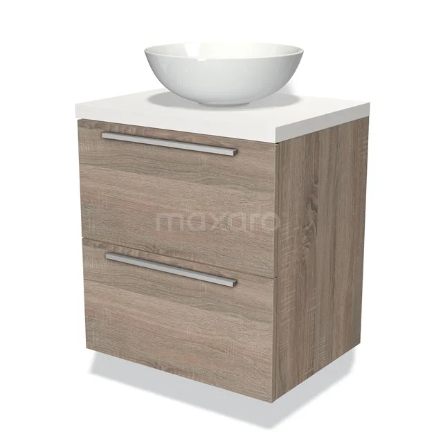 Houten badkamermeubel met witte waskom, twee lades en strak vormgegeven handgrepen, ideaal voor moderne badkamers.