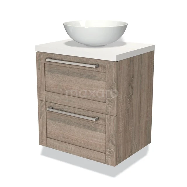 Houten badkamerkast met twee lades en een witte opzetwastafel, modern design in eikenlook.