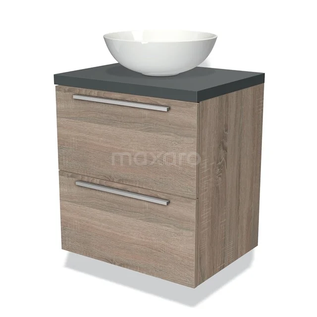 Houten badkamermeubel met grijze wastafelblad en witte komvormige wasbak, moderne uitstraling, handige opberglades.