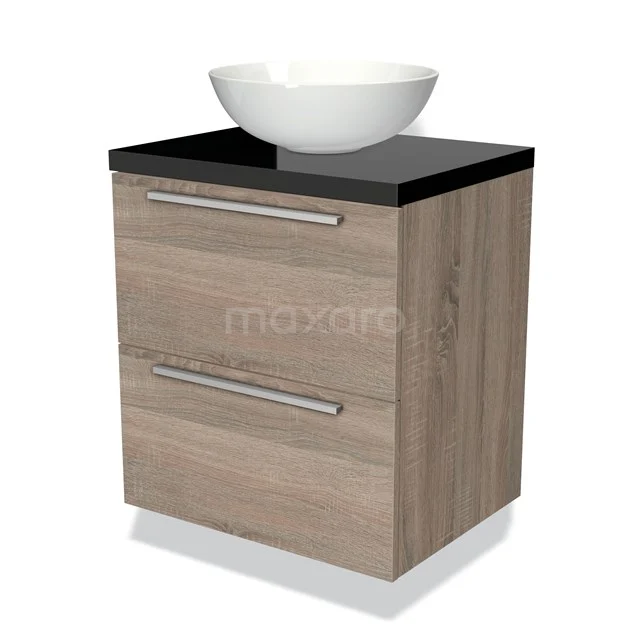 Houten badkamerkast met zwarte bovenblad en witte komvormige wasbak, compact ontwerp met twee lades.