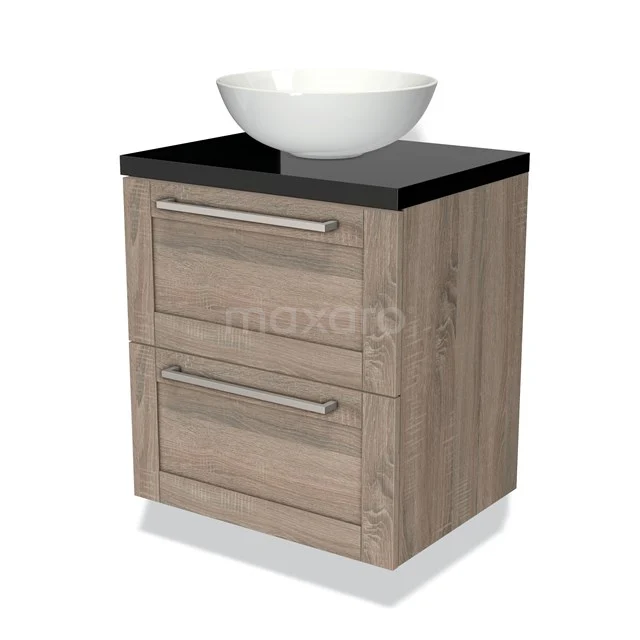 Badkamermeubel houtlook met zwart blad en witte keramieken waskom, compacte 2-laden set voor een moderne badkamer.