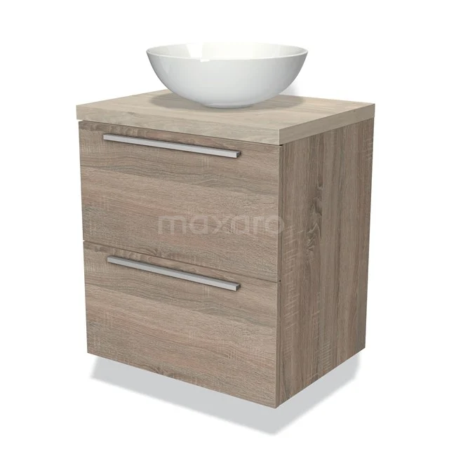 Houten badkamermeubel met waskom, modern ontwerp, eikenlook, twee lades met metalen grepen.
