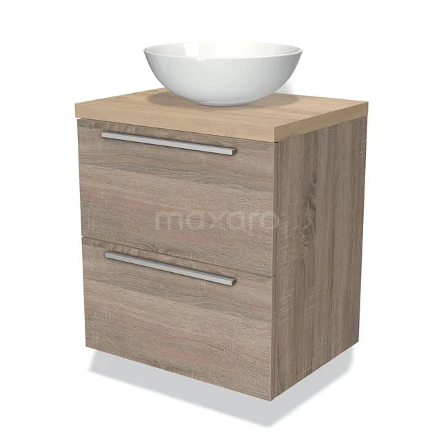 Badmöbel für Waschtischunterschrank mit Konsole 60cm Modulo Plato Eiche 2 Schubladen Flach hellbraune Eiche Platte BMK17-01091 Holz-Badmöbel mit Waschbecken, modernes Aussehen, kompakte Form, perfekt für kleine Bäder.