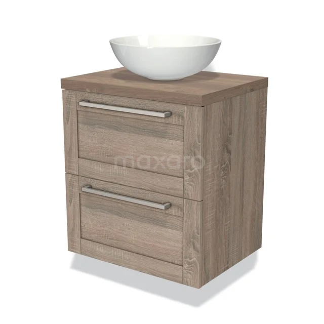 Houten badkamermeubel met moderne wastafelkom, twee lades en metalen handgrepen, ideaal voor een stijlvolle badkamer.