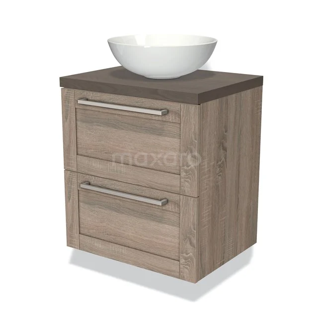Houten badkamermeubel met waskom, hangend design, twee lades en natuurhouten afwerking voor een moderne badkamerstijl.