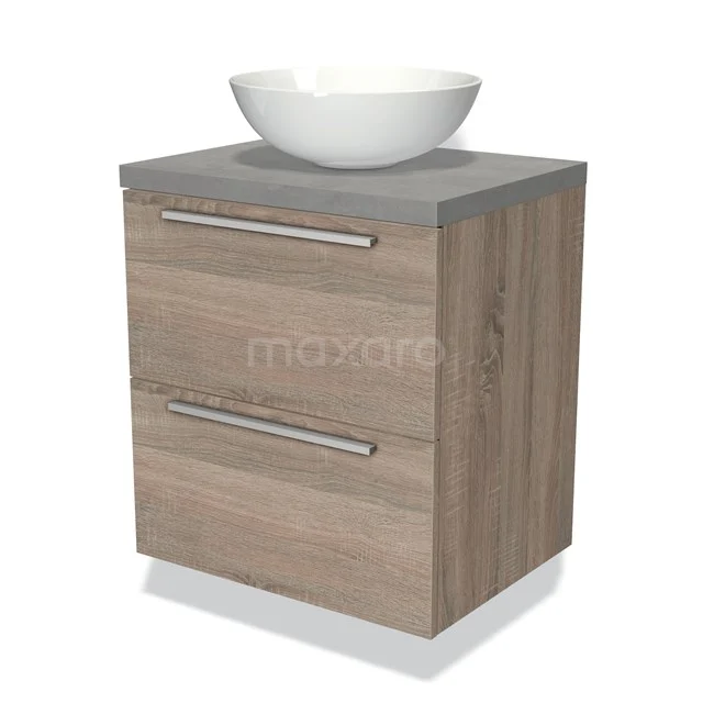 Houten badkamermeubel met twee lades, grijze betonnen blad en witte wastafel; compact en modern design voor elke badkamer.