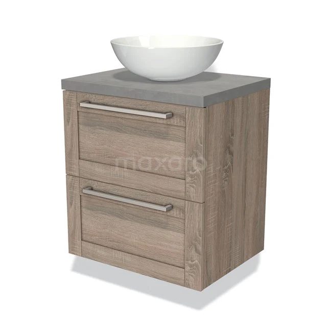 Houten badkamerkast met grijs blad, twee lades en ronde witte waskom, ideaal als modern badkamermeubel.