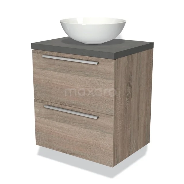 Houten badkamermeubel met grijze wastafelblad en witte kom, modern design, ideaal voor een stijlvolle badkamer inrichting.