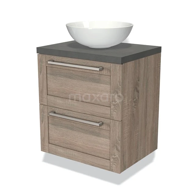Houten badkamermeubel met opbouw wastafel, grijze steen-look blad en twee lades voor opbergruimte.