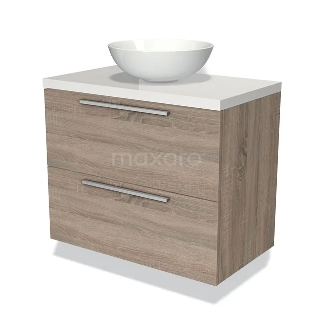 Houten badkamermeubel met witte komvormige wastafel, twee lades met metalen handgrepen, modern ontwerp.