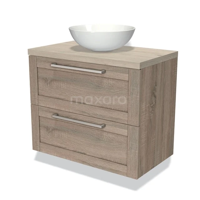 Houten badkamermeubel met twee lades, natuurhoutlook, inclusief witte opzetwaskom; modern design voor stijlvolle badkamers.