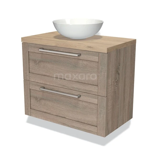 Wooden bathroom unit with white countertop wash basin, two drawers and sleek handles, ideal for a modern bathroom style.