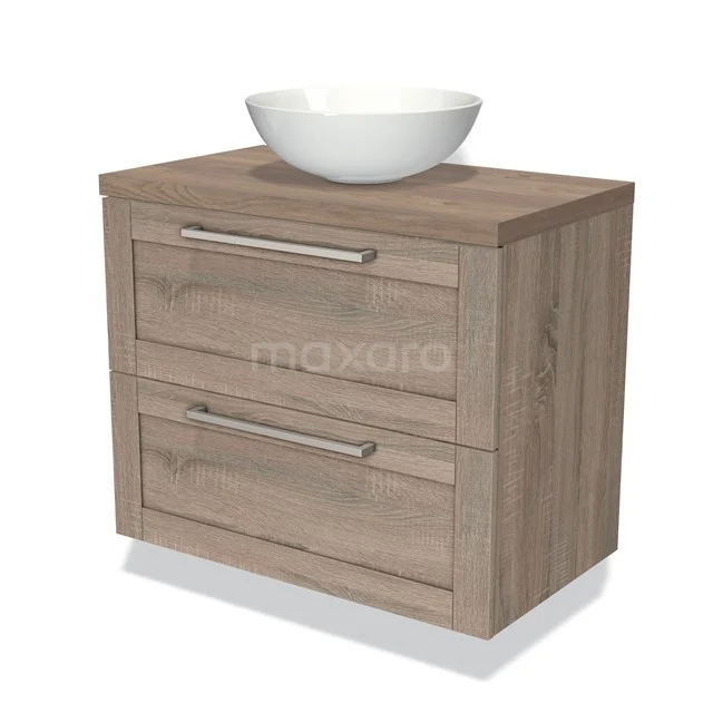 Houten badkamermeubel met 2 lades, metalen grepen en bovenop een witte keramische waskom, ideaal voor moderne badkamers.