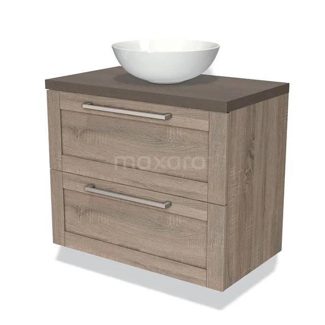 Houten badkamermeubel met twee lades, witte waskom, modern design, ideaal voor stijlvolle badkameropslag.