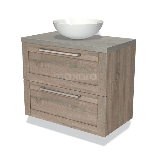 Houten badkamermeubel met twee lades, grijs bovenblad en witte vrijstaande waskom, Scandinavische stijl, ideaal voor moderne badkamers.