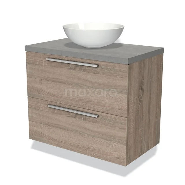 Houten badkamermeubel met grijs stenen blad en witte opzetwastafel, voorzien van twee brede lades met metalen grepen.