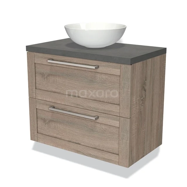 Wooden bathroom unit with two drawers, grey worktop and white round basin, ideal for modern bathroom design.