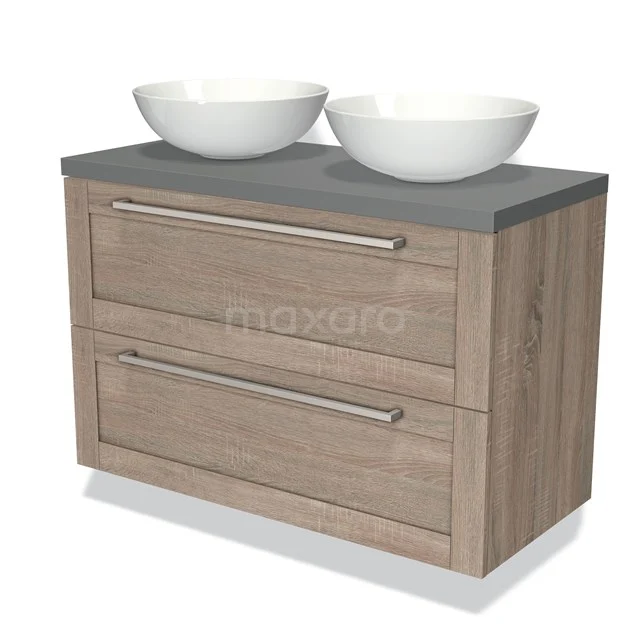 Wooden bathroom unit with two white round countertop wash basins, grey worktop and metal handles, ideal for stylish bathrooms.