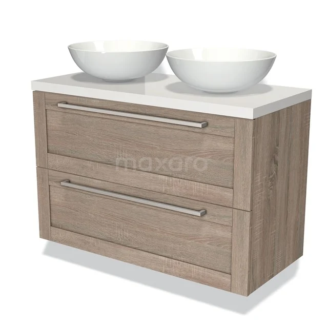 Wooden bathroom unit with white double countertop wash basin, modern drawer handles and sleek design, ideal for stylish bathroom decor.