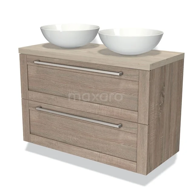 Wooden bathroom unit with two white countertop basins, wide drawers and metal handles, ideal for modern bathroom design.