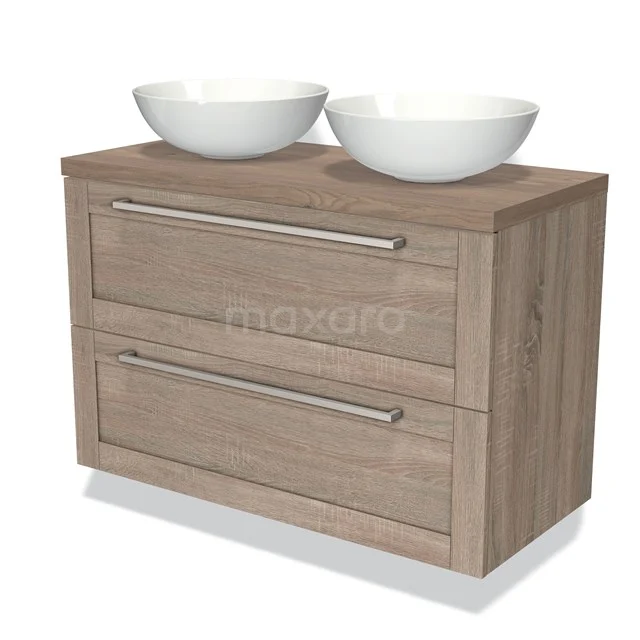 Tweepersoons badkamermeubel, houtlook met ladegreep, inclusief twee witte waskommen. Modern design met praktische opbergruimte.