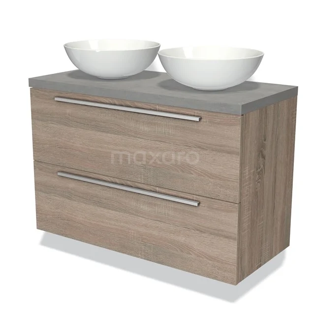 Hölzernes Badmöbel mit grauer Platte, zwei weißen Aufsatzwaschbecken und Schubladen, ideal für einen modernen Badezimmerstil.