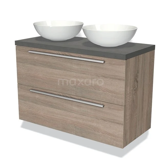 Houten badkamermeubel met dubbele waskommen en grijze stenen blad, modern design met twee lades voor optimaal opbergen.
