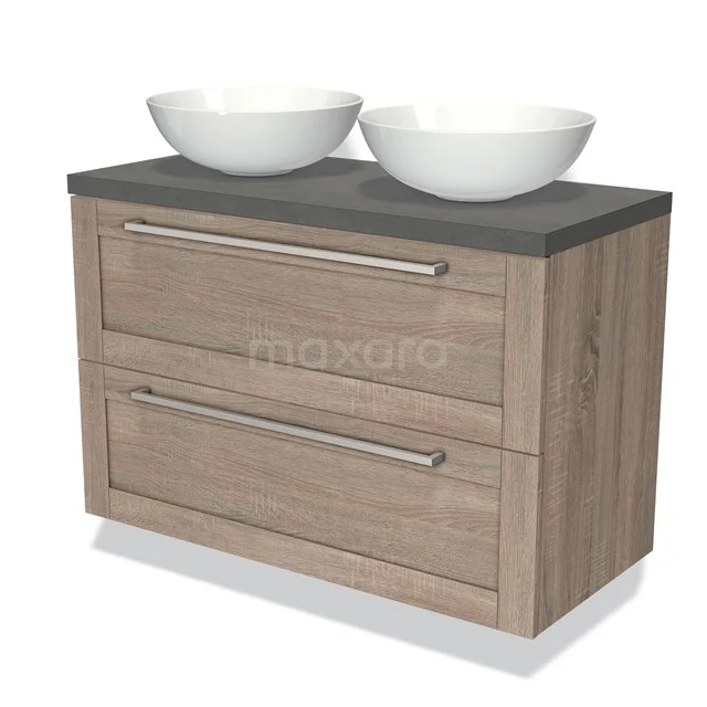 Wooden Bathroom unit with grey top, two white countertop wash basins, and metal handles; ideal storage solution for the bathroom.