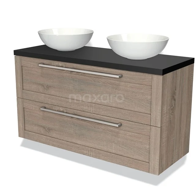 Wooden bathroom unit with two white vanity units for countertop wash basins, black worktop and metal handle, ideal for a modern bathroom.