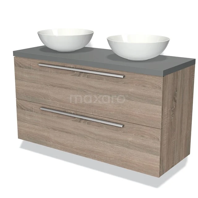 Houten badkamermeubel met grijs blad, dubbele waskom en lades; modern ontwerp, ideaal voor een stijlvolle inrichting.
