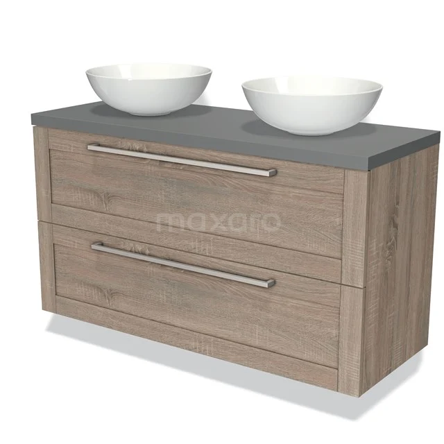 Wooden bathroom unit with two white countertop wash basins, grey worktop, drawers with metal handles, ideal for modern bathrooms.