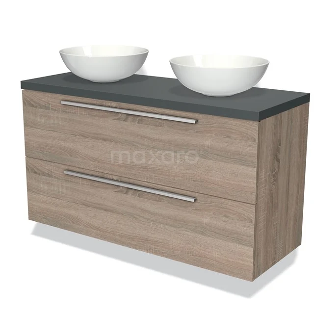 Houten badkamermeubel met twee witte wastafels, grijs werkblad en brede lades; stijlvol en praktisch voor moderne badkamers.