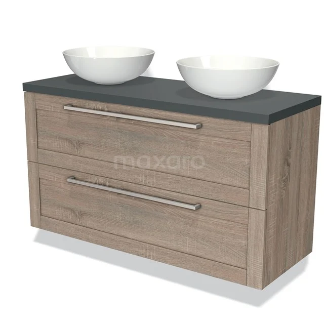 Houten badkamermeubel met dubbele waskom, grijze blad, moderne metalen handgrepen, perfect voor een stijlvolle badkamer.