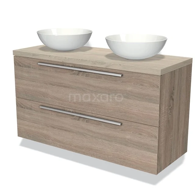 Houten badkamermeubel met twee witte waskommen, modern design, voorzien van metalen grepen en ruime lades.