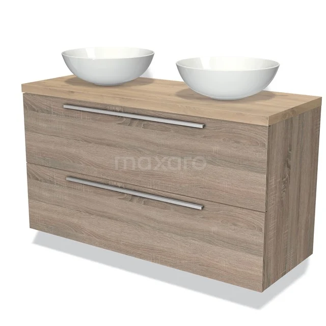 Wooden bathroom unit with two white ceramic countertop wash basins, drawer fronts with metal handles, ideal for modern bathrooms.