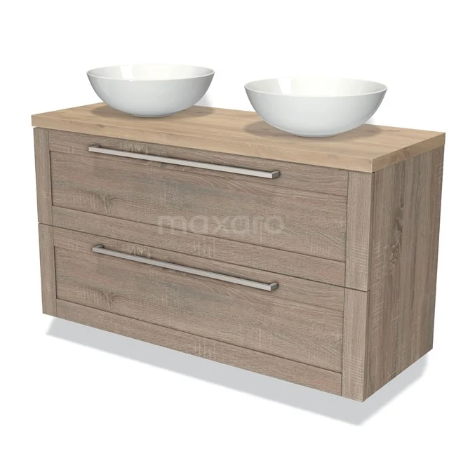 Houten badkamermeubel met dubbele waskommen, lichte houtkleur, twee ruime lades en strak metalen handgrepen.