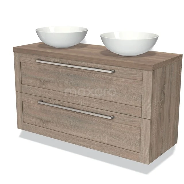 Houten badkamermeubel met dubbele wastafel, modern design, twee ruime lades en elegante zilverkleurige handgrepen.
