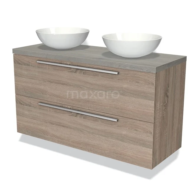 Houten badkamermeubel met twee ronde waskommen, grijze steenlook bovenblad en metalen handgrepen, ideaal voor moderne badkamers.