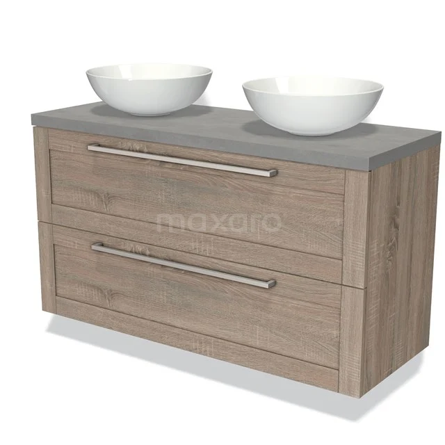 Wooden bathroom unit with double ceramic countertop wash basin, grey worktop and metal handles, ideal for modern bathrooms.