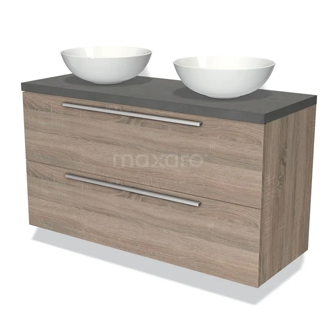 Badmöbel für Waschtischunterschrank mit Konsole 120cm Modulo Plato Eiche 2 Schubladen Flach Dunkelgrau Beton Platte BMK17-01179 Holz Badezimmermöbel mit grauen Steinlook Waschbecken, doppelten Schubladen und modernem Design, ideal für ein stilvolles Badezimmer.