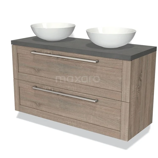Houten badkamermeubel met twee lades, antraciet blad en ronde opzetwastafels, modern design.